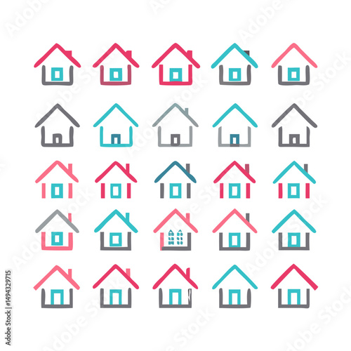 Web home icon set for websites and apps. Simple house symbol. Flat real estate sign. Main page pictogram in filled, thin line, outline and stroke style. Isolated illustration.
