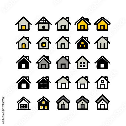 Web home icon set for websites and apps. Simple house symbol. Flat real estate sign. Main page pictogram in filled, thin line, outline and stroke style. Isolated illustration.
