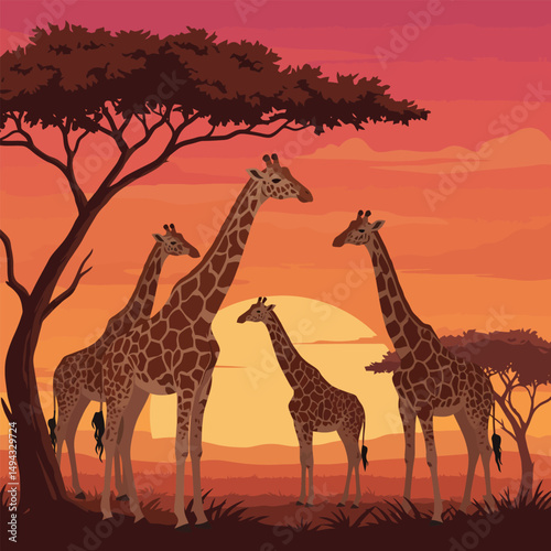 Giraffe Silhouette in African Savanna Landscape at Warm Sunset