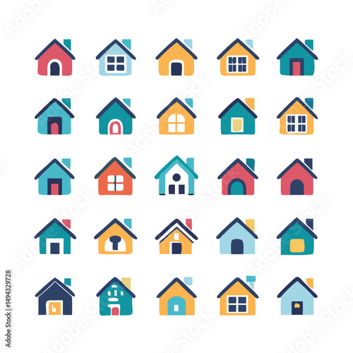 Web home icon set for websites and apps. Simple house symbol. Flat real estate sign. Main page pictogram in filled, thin line, outline and stroke style. Isolated illustration.
