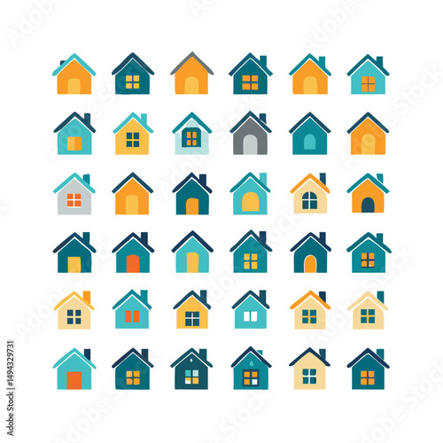 Web home icon set for websites and apps. Simple house symbol. Flat real estate sign. Main page pictogram in filled, thin line, outline and stroke style. Isolated illustration.
