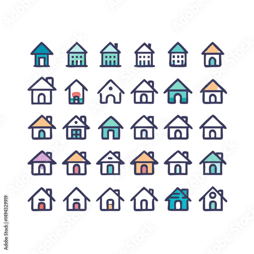 Web home icon set for websites and apps. Simple house symbol. Flat real estate sign. Main page pictogram in filled, thin line, outline and stroke style. Isolated illustration.
