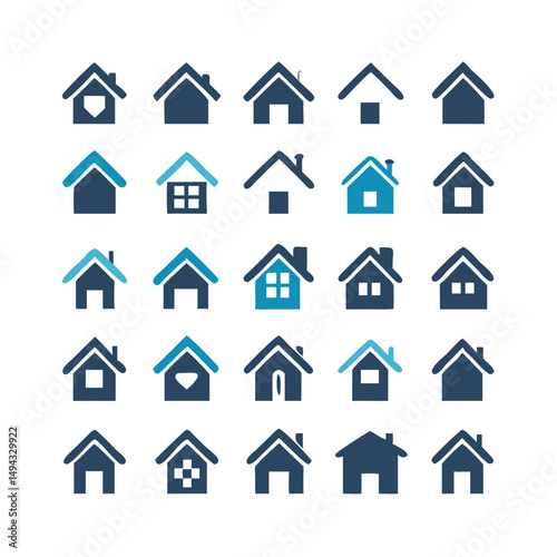 Web home icon set for websites and apps. Simple house symbol. Flat real estate sign. Main page pictogram in filled, thin line, outline and stroke style. Isolated illustration.
