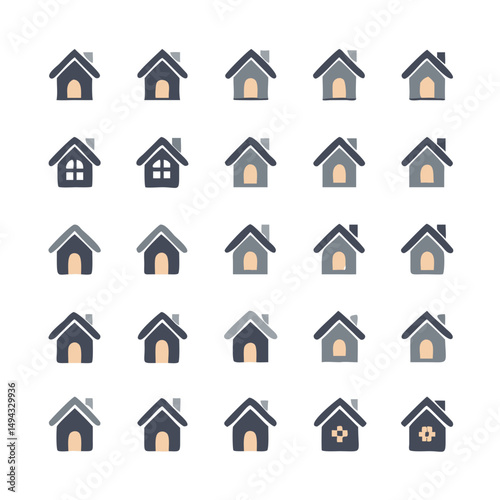 Web home icon set for websites and apps. Simple house symbol. Flat real estate sign. Main page pictogram in filled, thin line, outline and stroke style. Isolated illustration.
