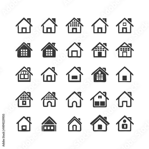 Web home icon set for websites and apps. Simple house symbol. Flat real estate sign. Main page pictogram in filled, thin line, outline and stroke style. Isolated illustration.

