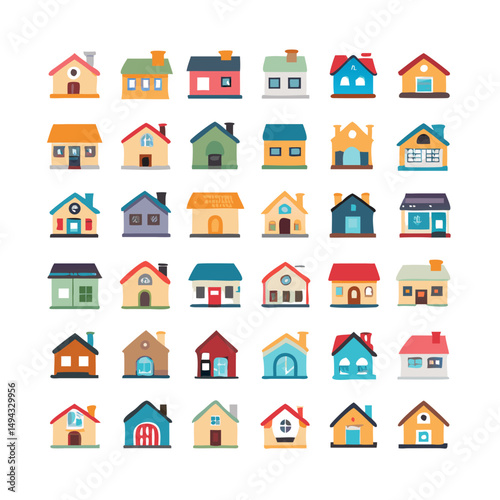 Web home icon set for websites and apps. Simple house symbol. Flat real estate sign. Main page pictogram in filled, thin line, outline and stroke style. Isolated illustration.
