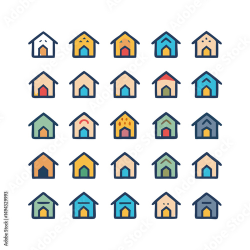 Web home icon set for websites and apps. Simple house symbol. Flat real estate sign. Main page pictogram in filled, thin line, outline and stroke style. Isolated illustration.
