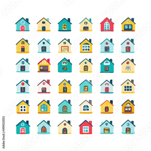 Web home icon set for websites and apps. Simple house symbol. Flat real estate sign. Main page pictogram in filled, thin line, outline and stroke style. Isolated illustration.

