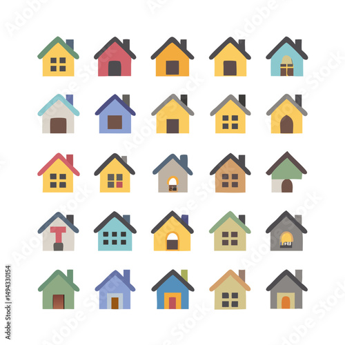 Web home icon set for websites and apps. Simple house symbol. Flat real estate sign. Main page pictogram in filled, thin line, outline and stroke style. Isolated illustration.
