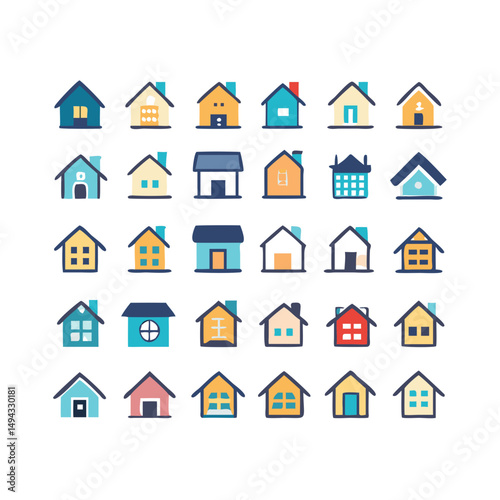 Web home icon set for websites and apps. Simple house symbol. Flat real estate sign. Main page pictogram in filled, thin line, outline and stroke style. Isolated illustration.
