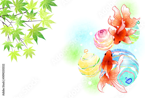 暑中見舞い、金魚、ヨーヨー、青紅葉、和風、かわいい、背景、イラスト、横