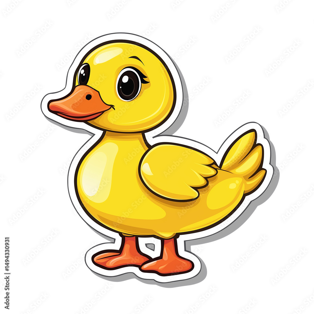 Fototapeta premium Cute Full Body Duck Sticker Illustration with Bold Outlines, Glossy Effect, and Slight Drop Shadow on White Background, Perfect for Kids Crafts, Stationery, Digital Use, and Fun Decorative Projects