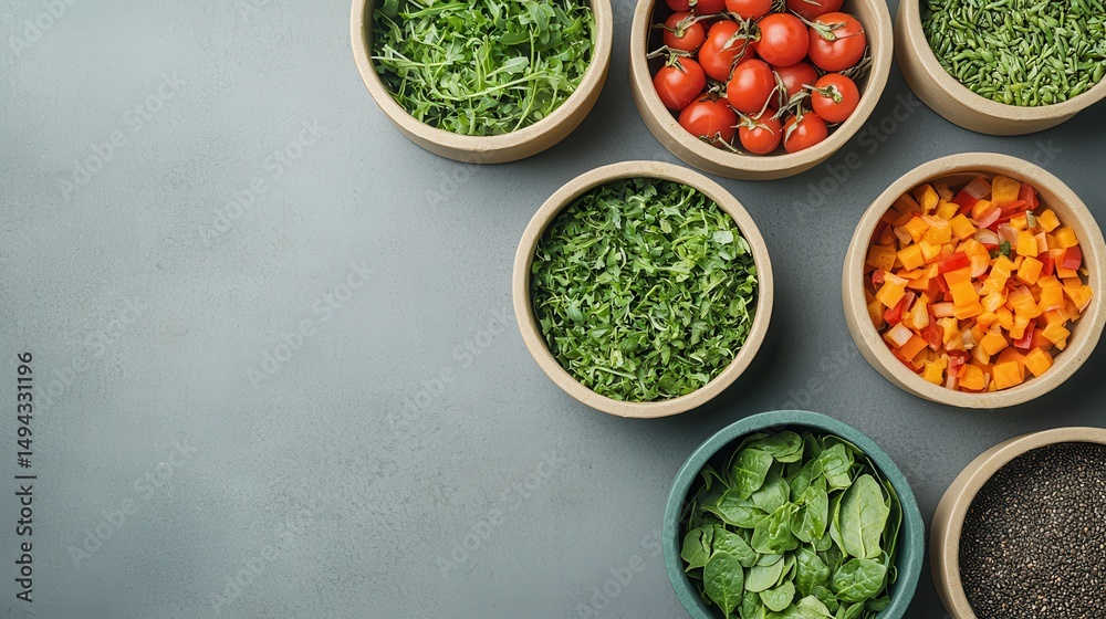 Fresh Vegetables and Herbs in Bowls on Gray Surface for Healthy Cooking and Meal Preparation Fresh Vegetables and Herbs in Bowls on Gray Surface for Healthy Cooking and Meal Preparation