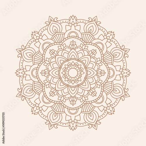 Elegant Boho Mandala Vector Line Art – Floral Decorative Pattern in Brown on Beige Background.
