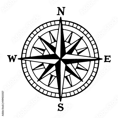 A black and white illustration of a compass rose, showing the cardinal directions.