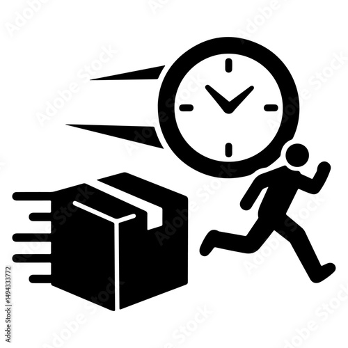 A person rushes to deliver a package, symbolized by a clock and motion lines.