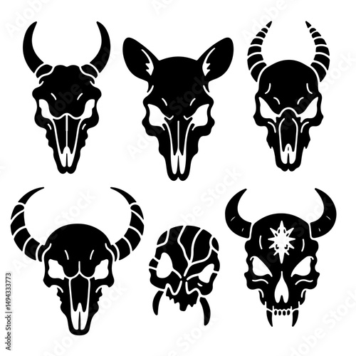 Six stylized skull illustrations in black, featuring various animal and demonic designs.
