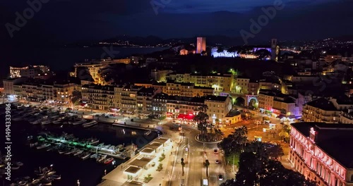 Aerial video in Cannes with a view at night. Prestigious nightlife in Cannes. Cannes, Cote Azur, French Riviera