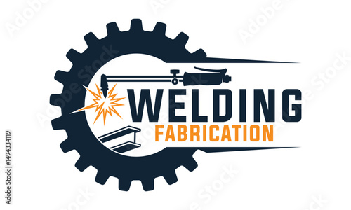 Steel fabrication logo design. Welding torch with steel beam in gear wheel vector design vector template