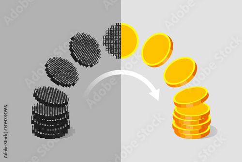 Coins made from binary code and gold coins, digital money and cash