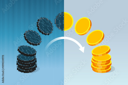 Coins made from binary code and gold coins, digital money and cash
