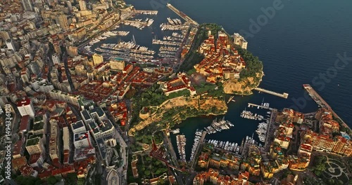 Aerial view of famous a small country Monaco on Mediterranean Sea, modern high-rise buildings, Monte Carlo, Monaco