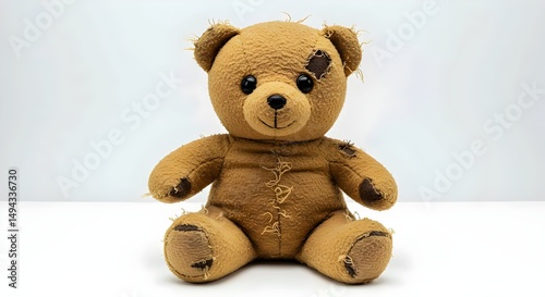 an isolated teddy bear stuffie plush plushie stuffed animal toy that is dirty and old ripped and falling apart,  worn, vintage, damaged, torn, tattered, frayed, broken, aged, distressed, shabby, beat