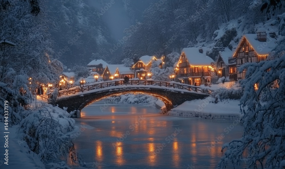 Fototapeta premium Lantern-lit bridge crossing a frozen river leading to a quaint snow-covered village, Generative AI