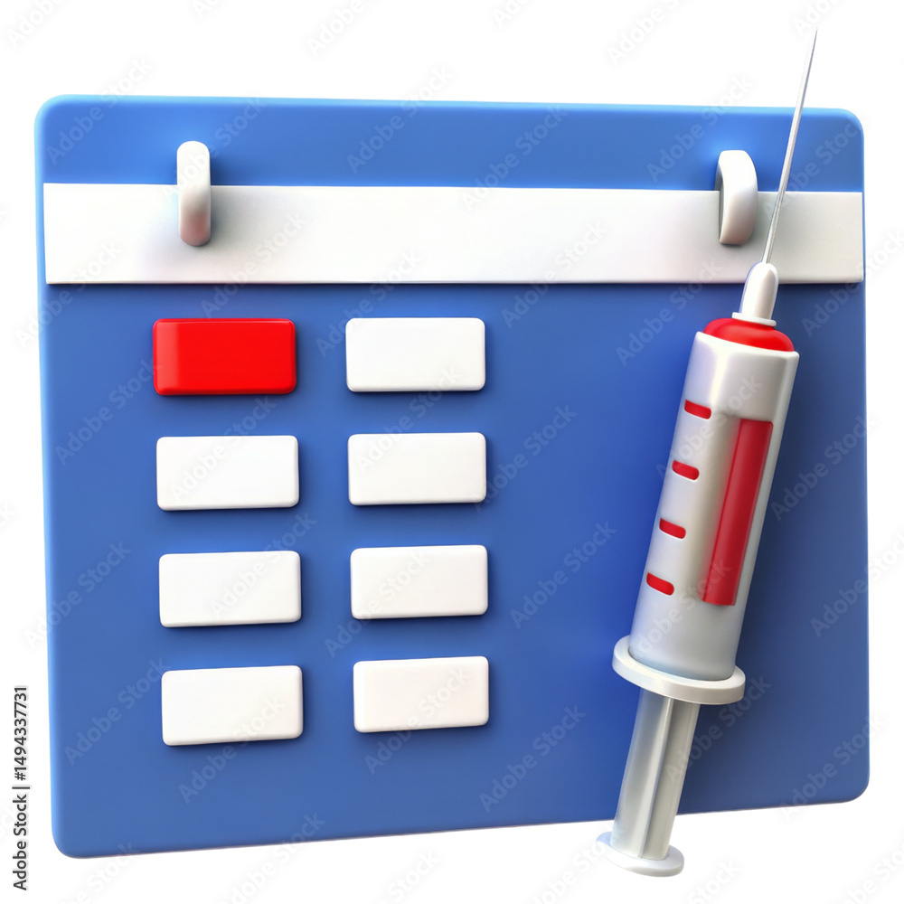 A blue calendar with a syringe placed diagonally across it, symbolizing a scheduled medical injection or vaccination. A blue calendar with a syringe placed diagonally across it, symbolizing a scheduled medical injection or vaccination.