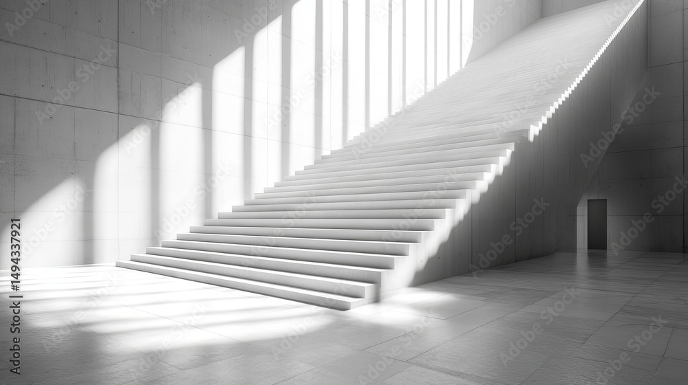 Obraz premium Modern, minimalist interior featuring a grand staircase bathed in sunlight, creating shadows. Concrete walls