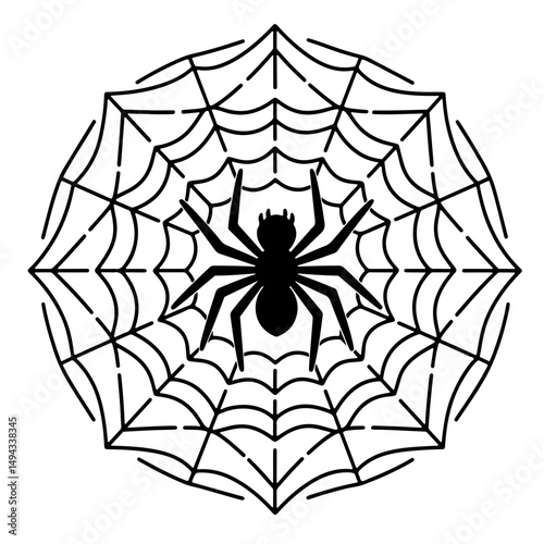 A black spider sits in the center of a web, illustrated in a bold, graphic style.