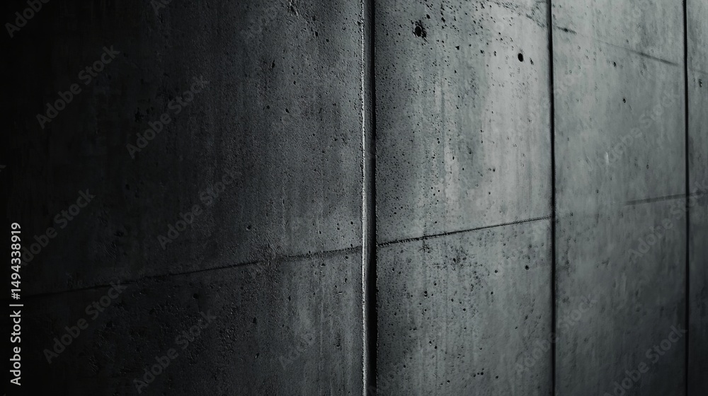 Close-up of a textured, gray concrete wall with visible seams and a gradient of light and shadow Close-up of a textured, gray concrete wall with visible seams and a gradient of light and shadow