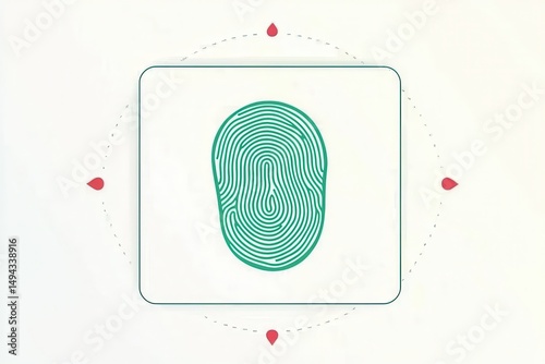 Minimalist illustration of a fingerprint inside a square, surrounded by red dots on a white background.