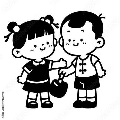 A girl gives a boy a gift in a black and white illustration.