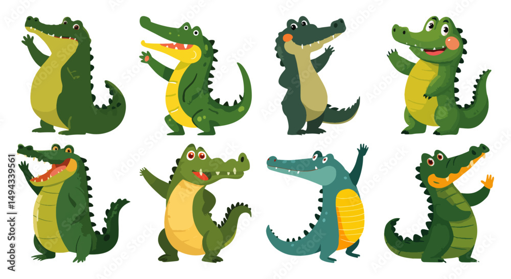 Obraz premium Set of Alligator Waving One Arm Flat Vector Illustration on Transparent Background