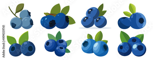 Set of Blueberry Flat Vector Illustration on Transparent Background
