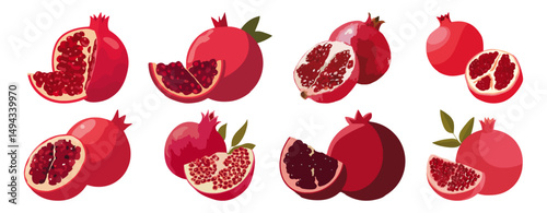 Set of Pomegranate half open Flat Vector Illustration on Transparent Background