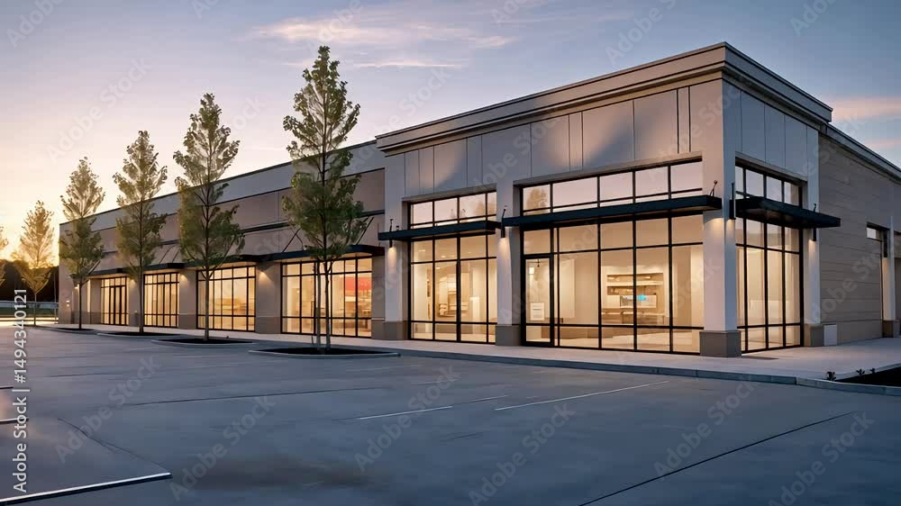 Commercial Building Exterior with Glass Storefront and Empty Parking Lot in Suburban Business District