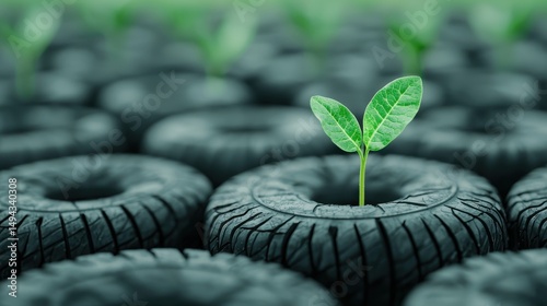 Green plant sprouts from a tire in a sustainable environment concept showcasing nature's resilience and renewal