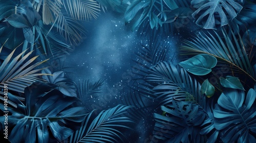 A dreamy scene of teal tropical foliage with sparkling light accents in a dark blue background