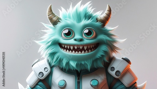 Cute teal monster character illustration with big expressive eyes and sharp teeth