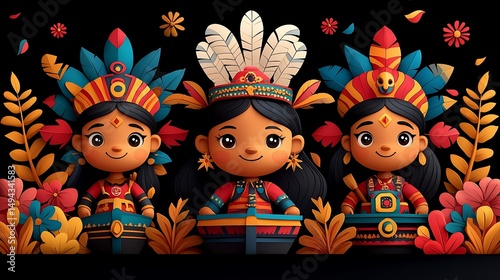 Stylized indigenous children in traditional outfits with floral decoration