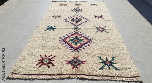 Cream and Beige Moroccan Rug with Colorful Starburst Design - Handwoven rug, cream base, colorful geometric stars, bohemian , adds warmth and texture to any space. Symbolizes: comfort, craftsmanship