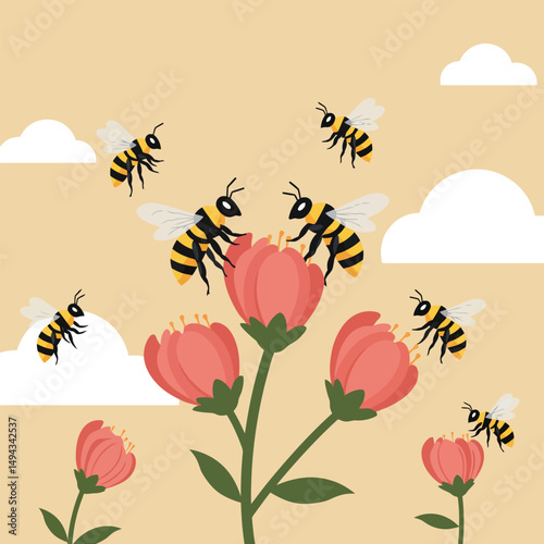 Bees Gathering Pollen From Flowers in a Cheerful Spring Scene