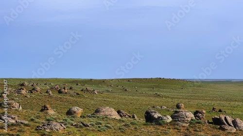 View of the valley of stone balls. Mangystau region.Unique natural places of Kazakhstan. Valley of the Balls. Spherical formations in the Torysh tract were formed about 120-180 million years ago. 4К