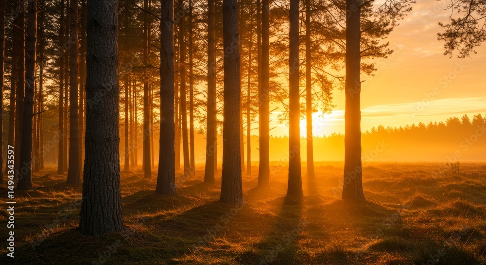 Obraz premium Golden Hour Forest Serenity - Peaceful forest bathed in golden sunset light, symbolizing tranquility, nature's beauty, warmth, hope, and renewal