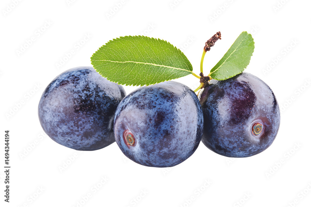 Obraz premium three plums with a leaf on a white background