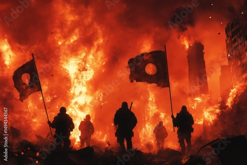 Red City Revolution Silhouetted Figures Holding Flags Amidst Fiery Debris,


 photo