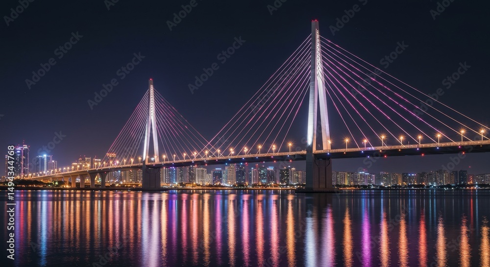Naklejka premium Illuminated Cable-Stayed Bridge at Night - Stunning night view of a modern cable-stayed bridge reflecting in calm water, city skyline in the background