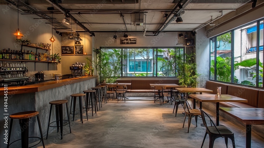 Naklejka premium Modern cafe interior. Tables, bar, stools, & lush greenery create an inviting, urban ambiance. Natural light & minimalist decor